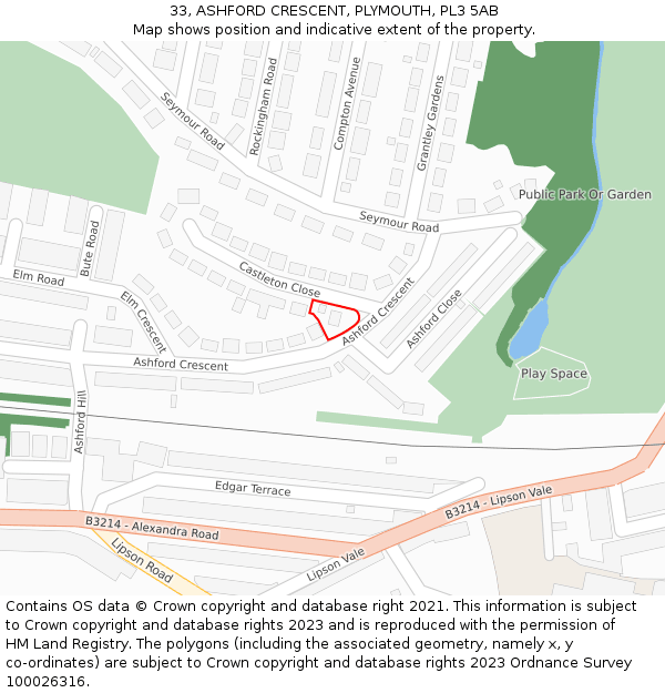 33, ASHFORD CRESCENT, PLYMOUTH, PL3 5AB: Location map and indicative extent of plot