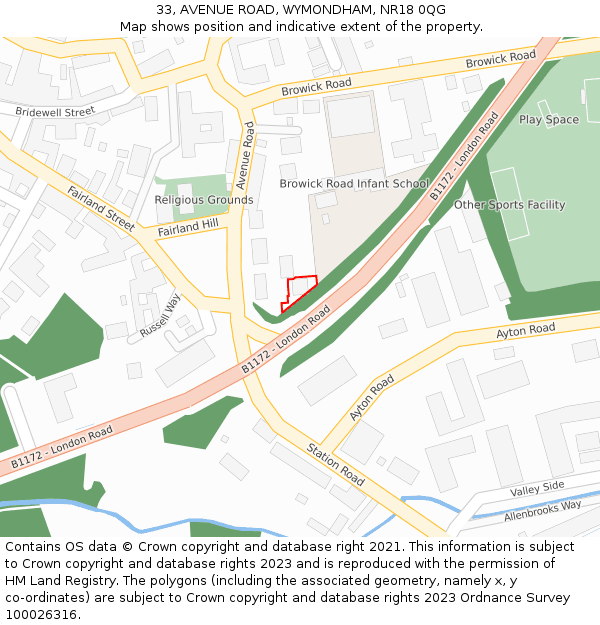 33, AVENUE ROAD, WYMONDHAM, NR18 0QG: Location map and indicative extent of plot