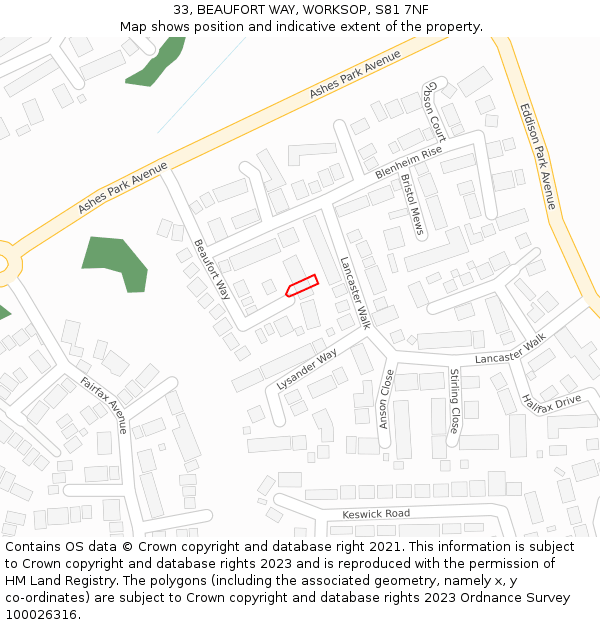 33, BEAUFORT WAY, WORKSOP, S81 7NF: Location map and indicative extent of plot