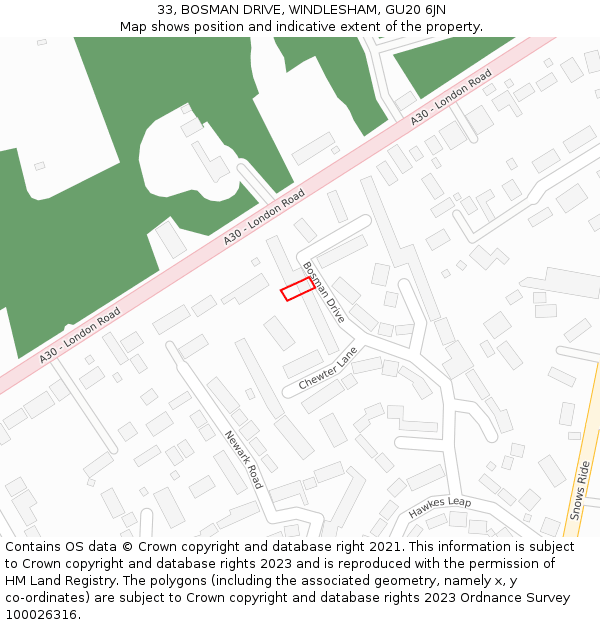 33, BOSMAN DRIVE, WINDLESHAM, GU20 6JN: Location map and indicative extent of plot