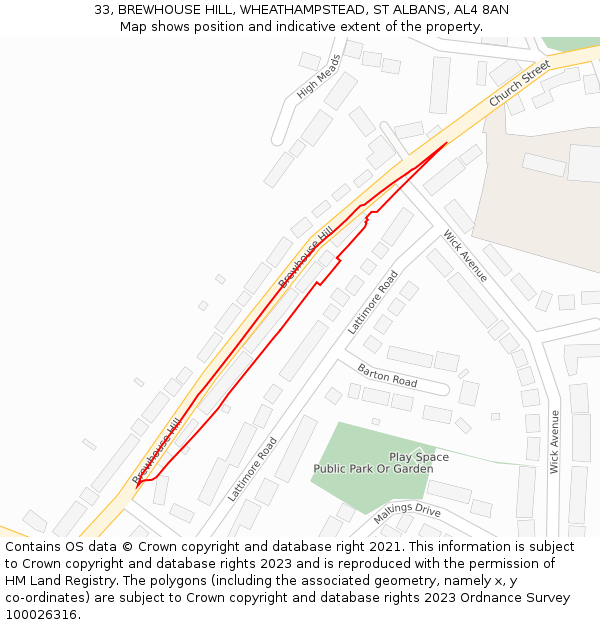 33, BREWHOUSE HILL, WHEATHAMPSTEAD, ST ALBANS, AL4 8AN: Location map and indicative extent of plot