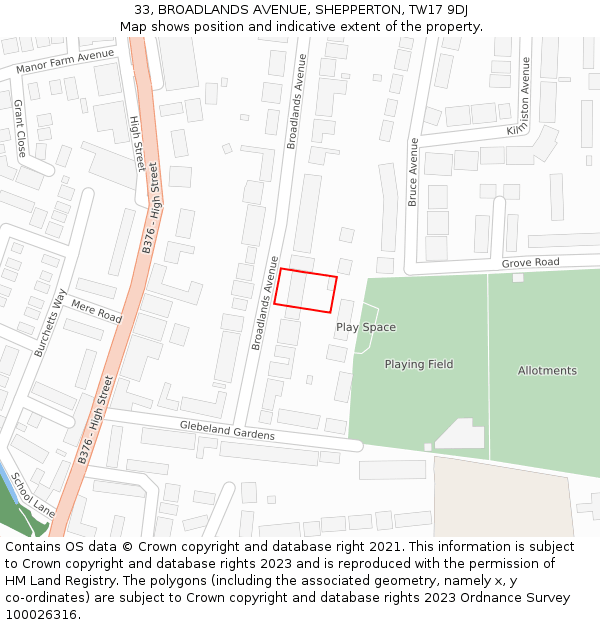 33, BROADLANDS AVENUE, SHEPPERTON, TW17 9DJ: Location map and indicative extent of plot