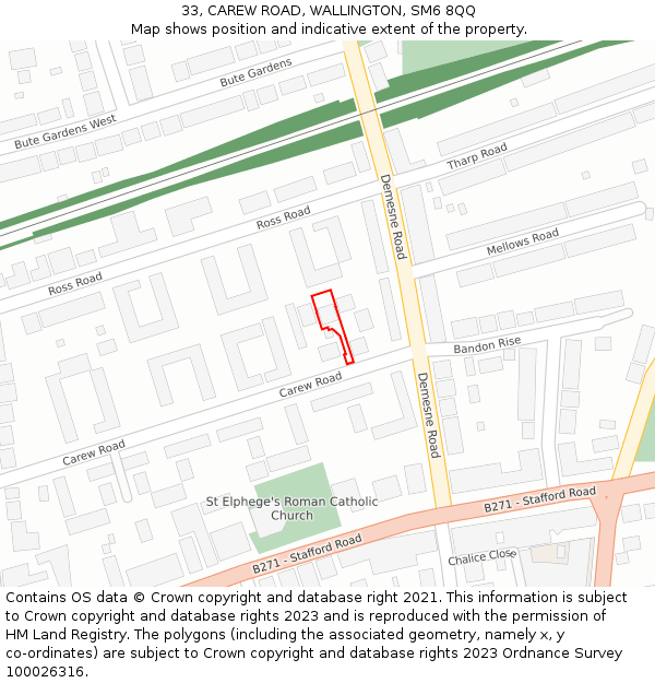 33, CAREW ROAD, WALLINGTON, SM6 8QQ: Location map and indicative extent of plot