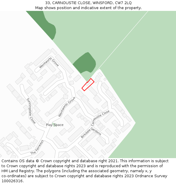 33, CARNOUSTIE CLOSE, WINSFORD, CW7 2LQ: Location map and indicative extent of plot