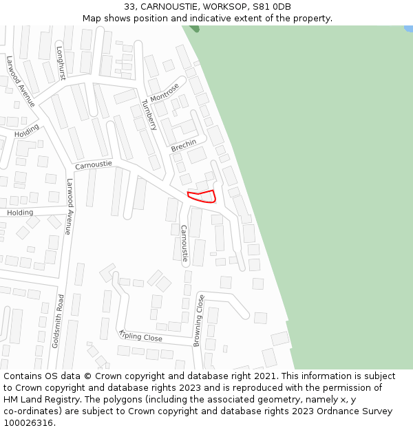 33, CARNOUSTIE, WORKSOP, S81 0DB: Location map and indicative extent of plot