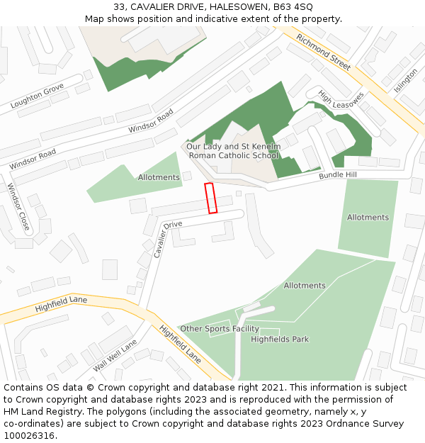 33, CAVALIER DRIVE, HALESOWEN, B63 4SQ: Location map and indicative extent of plot