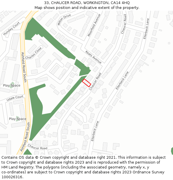 33, CHAUCER ROAD, WORKINGTON, CA14 4HQ: Location map and indicative extent of plot