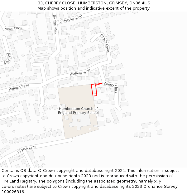 33, CHERRY CLOSE, HUMBERSTON, GRIMSBY, DN36 4US: Location map and indicative extent of plot