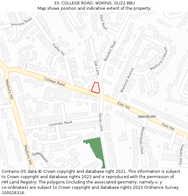 33, COLLEGE ROAD, WOKING, GU22 8BU: Location map and indicative extent of plot