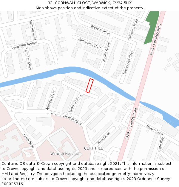 33, CORNWALL CLOSE, WARWICK, CV34 5HX: Location map and indicative extent of plot