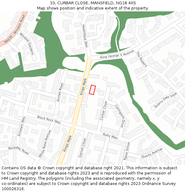 33, CURBAR CLOSE, MANSFIELD, NG18 4XS: Location map and indicative extent of plot