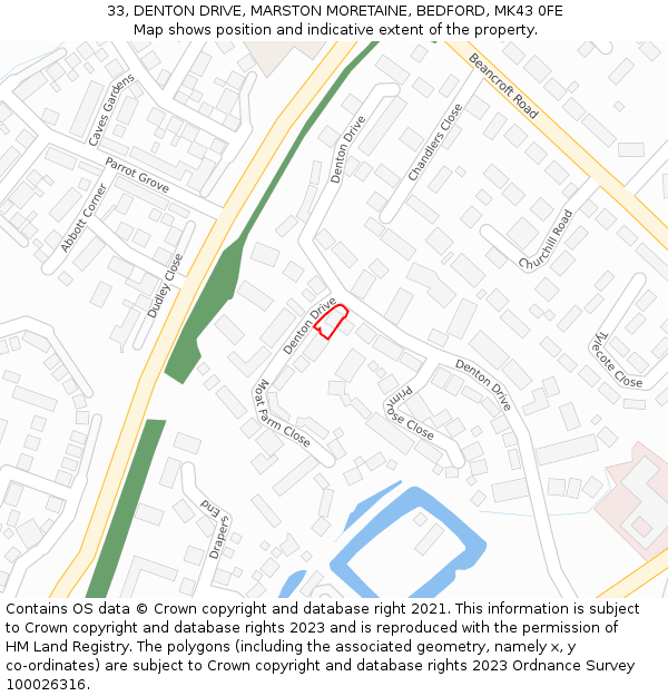 33, DENTON DRIVE, MARSTON MORETAINE, BEDFORD, MK43 0FE: Location map and indicative extent of plot