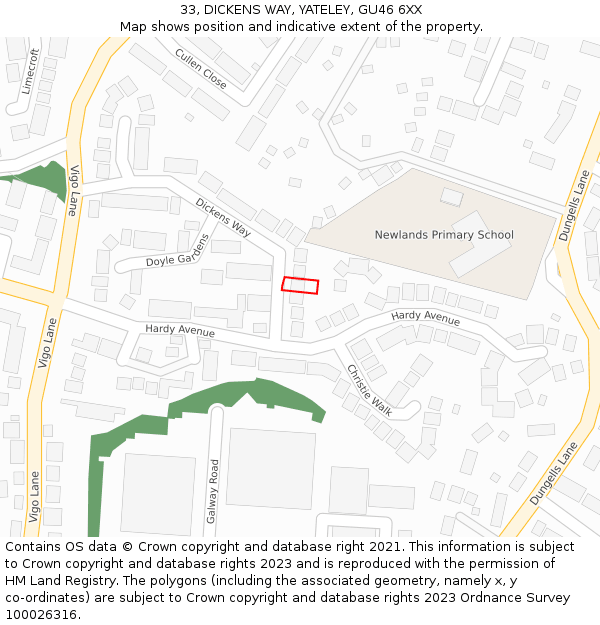 33, DICKENS WAY, YATELEY, GU46 6XX: Location map and indicative extent of plot