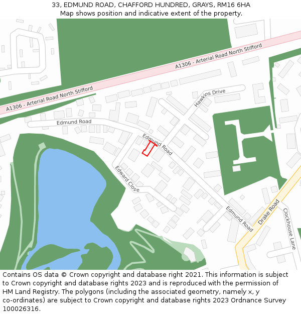 33, EDMUND ROAD, CHAFFORD HUNDRED, GRAYS, RM16 6HA: Location map and indicative extent of plot