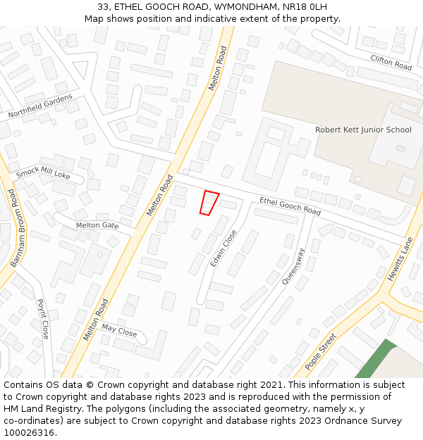 33, ETHEL GOOCH ROAD, WYMONDHAM, NR18 0LH: Location map and indicative extent of plot