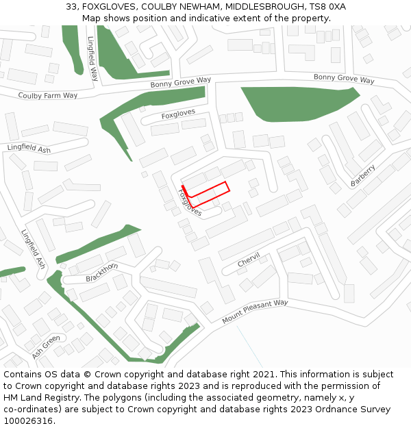 33, FOXGLOVES, COULBY NEWHAM, MIDDLESBROUGH, TS8 0XA: Location map and indicative extent of plot