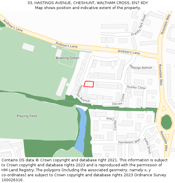 33, HASTINGS AVENUE, CHESHUNT, WALTHAM CROSS, EN7 6DY: Location map and indicative extent of plot