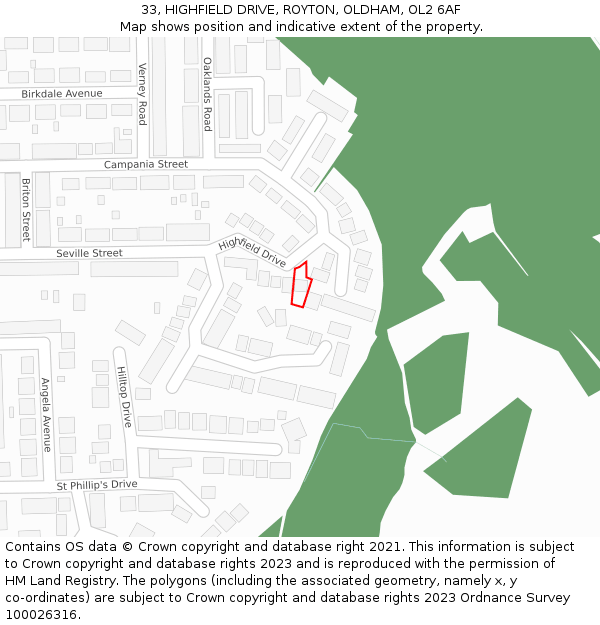 33, HIGHFIELD DRIVE, ROYTON, OLDHAM, OL2 6AF: Location map and indicative extent of plot