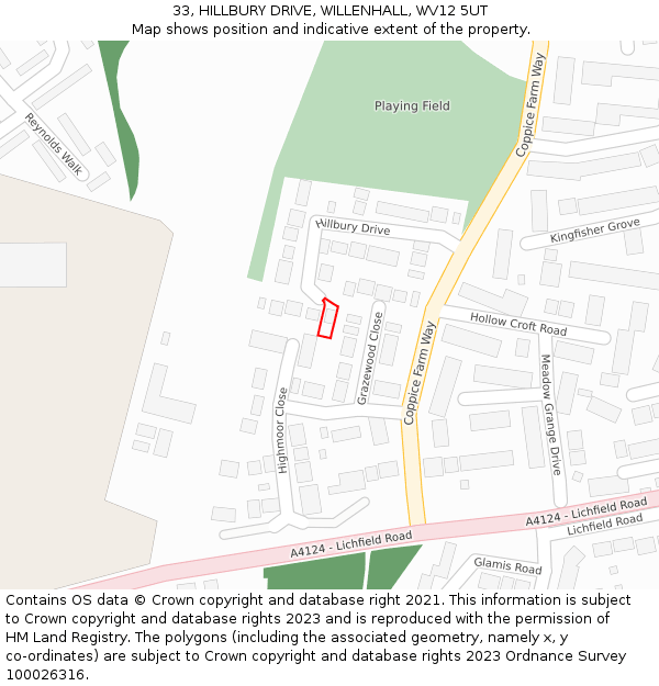 33, HILLBURY DRIVE, WILLENHALL, WV12 5UT: Location map and indicative extent of plot