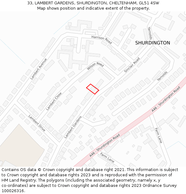 33, LAMBERT GARDENS, SHURDINGTON, CHELTENHAM, GL51 4SW: Location map and indicative extent of plot