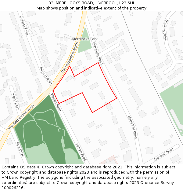 33, MERRILOCKS ROAD, LIVERPOOL, L23 6UL: Location map and indicative extent of plot