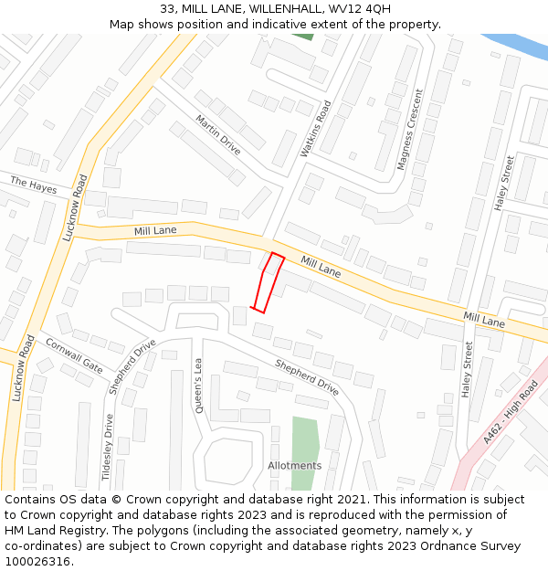 33, MILL LANE, WILLENHALL, WV12 4QH: Location map and indicative extent of plot