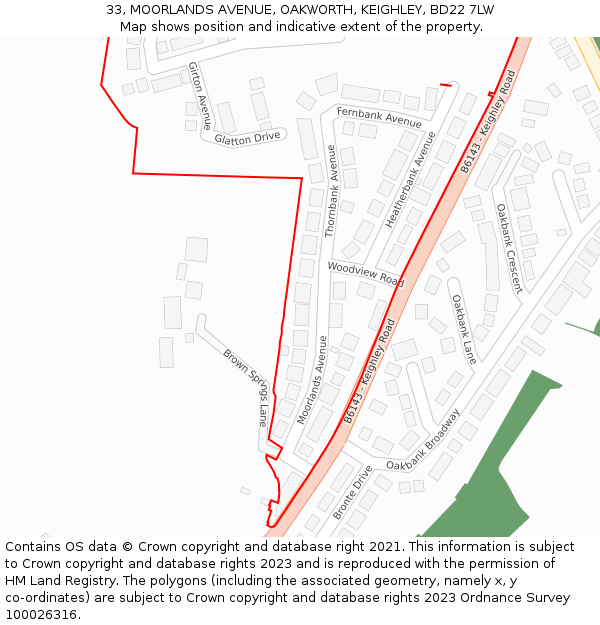 33, MOORLANDS AVENUE, OAKWORTH, KEIGHLEY, BD22 7LW: Location map and indicative extent of plot