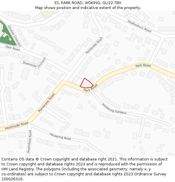 33, PARK ROAD, WOKING, GU22 7BX: Location map and indicative extent of plot