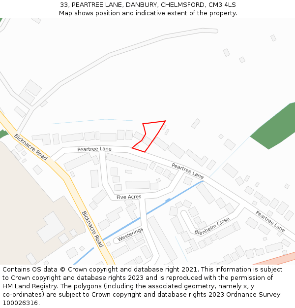 33, PEARTREE LANE, DANBURY, CHELMSFORD, CM3 4LS: Location map and indicative extent of plot