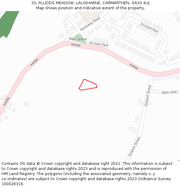 33, PLUDDS MEADOW, LAUGHARNE, CARMARTHEN, SA33 4UJ: Location map and indicative extent of plot