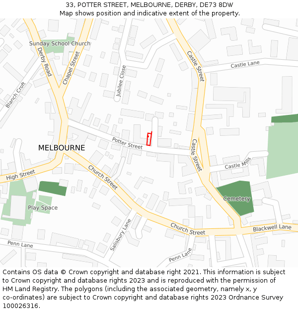 33, POTTER STREET, MELBOURNE, DERBY, DE73 8DW: Location map and indicative extent of plot