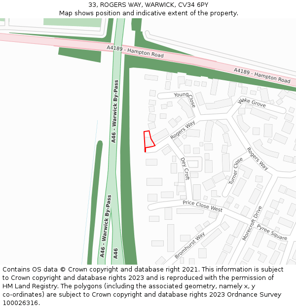 33, ROGERS WAY, WARWICK, CV34 6PY: Location map and indicative extent of plot