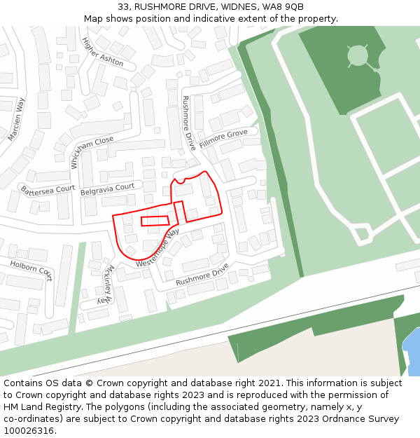 33, RUSHMORE DRIVE, WIDNES, WA8 9QB: Location map and indicative extent of plot