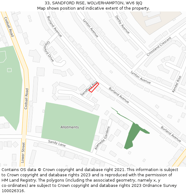33, SANDFORD RISE, WOLVERHAMPTON, WV6 9JQ: Location map and indicative extent of plot