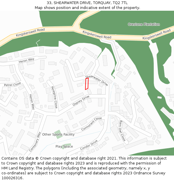 33, SHEARWATER DRIVE, TORQUAY, TQ2 7TL: Location map and indicative extent of plot