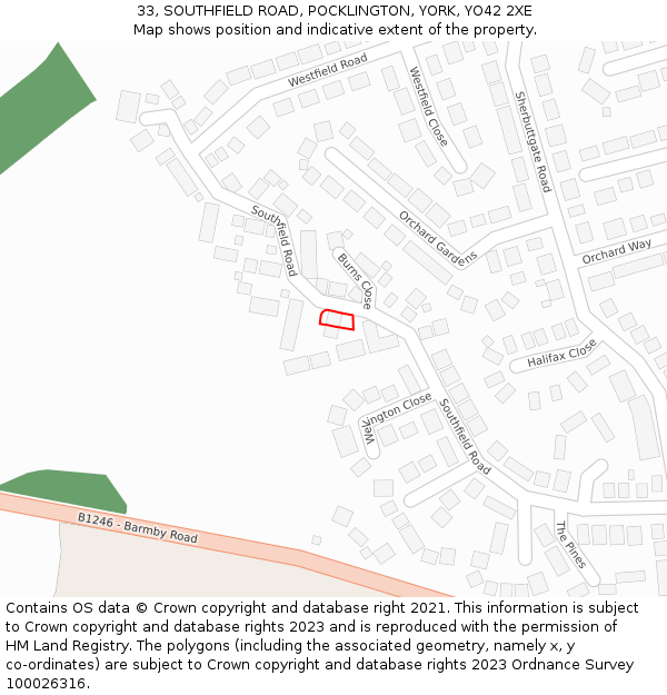 33, SOUTHFIELD ROAD, POCKLINGTON, YORK, YO42 2XE: Location map and indicative extent of plot