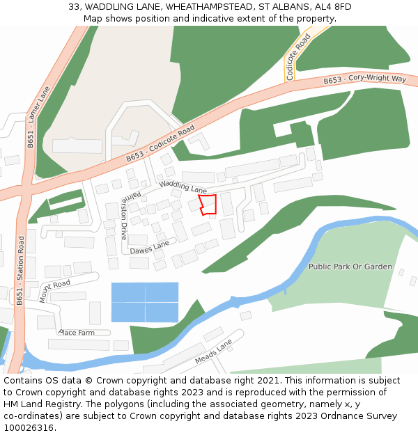 33, WADDLING LANE, WHEATHAMPSTEAD, ST ALBANS, AL4 8FD: Location map and indicative extent of plot