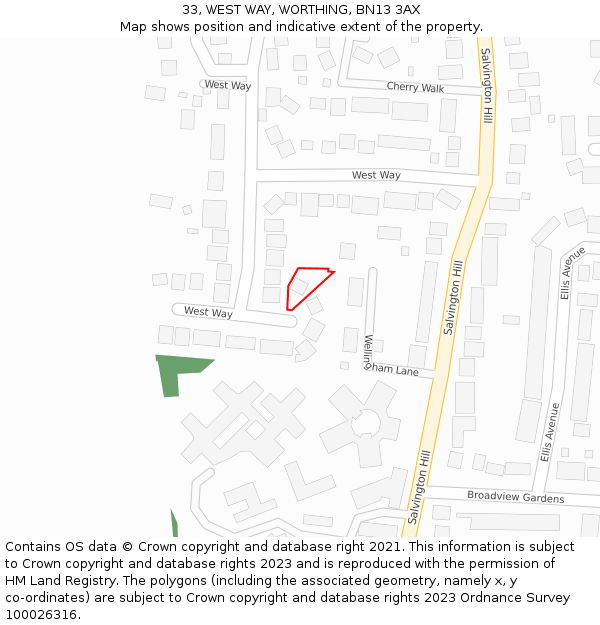 33, WEST WAY, WORTHING, BN13 3AX: Location map and indicative extent of plot