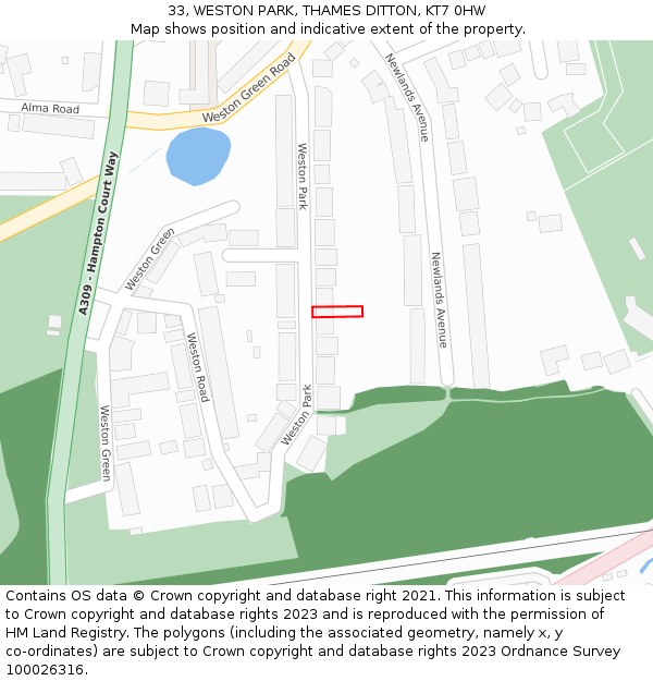 33, WESTON PARK, THAMES DITTON, KT7 0HW: Location map and indicative extent of plot