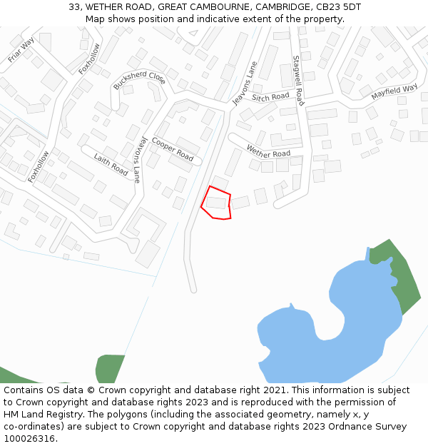 33, WETHER ROAD, GREAT CAMBOURNE, CAMBRIDGE, CB23 5DT: Location map and indicative extent of plot