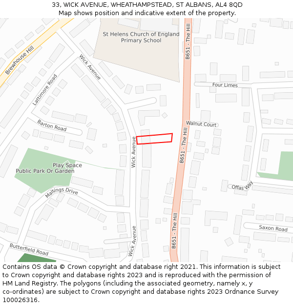 33, WICK AVENUE, WHEATHAMPSTEAD, ST ALBANS, AL4 8QD: Location map and indicative extent of plot