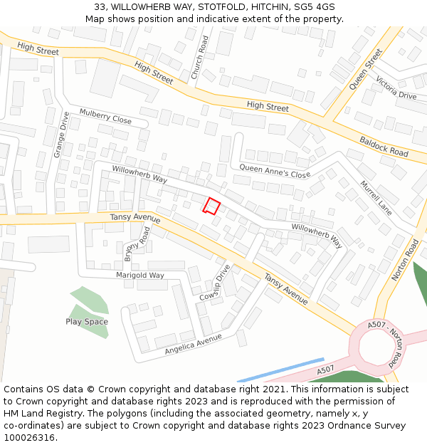 33, WILLOWHERB WAY, STOTFOLD, HITCHIN, SG5 4GS: Location map and indicative extent of plot