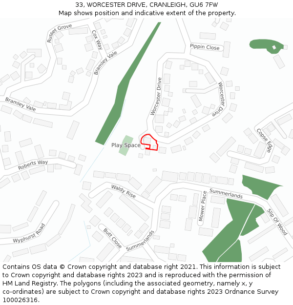 33, WORCESTER DRIVE, CRANLEIGH, GU6 7FW: Location map and indicative extent of plot