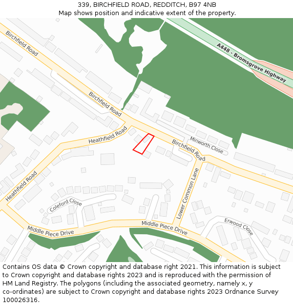 339, BIRCHFIELD ROAD, REDDITCH, B97 4NB: Location map and indicative extent of plot