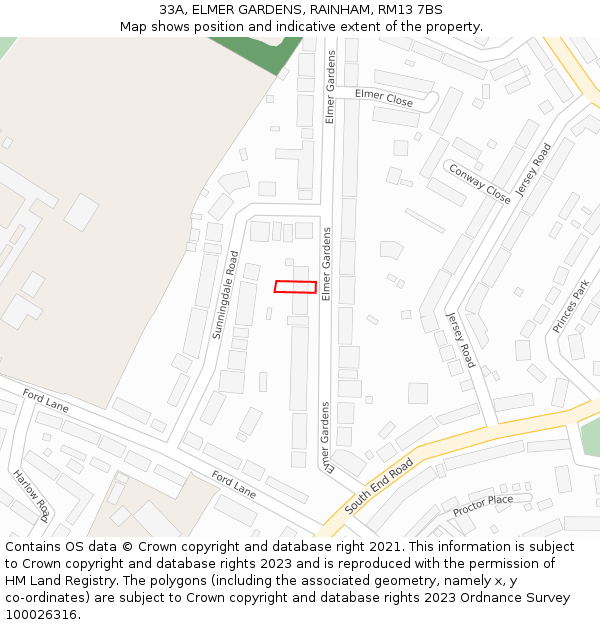 33A, ELMER GARDENS, RAINHAM, RM13 7BS: Location map and indicative extent of plot