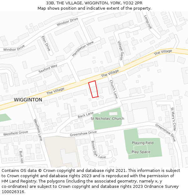 33B, THE VILLAGE, WIGGINTON, YORK, YO32 2PR: Location map and indicative extent of plot