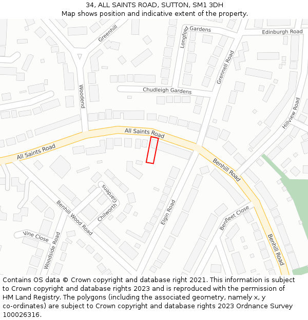 34, ALL SAINTS ROAD, SUTTON, SM1 3DH: Location map and indicative extent of plot