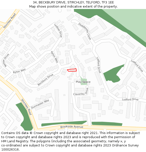 34, BECKBURY DRIVE, STIRCHLEY, TELFORD, TF3 1EE: Location map and indicative extent of plot