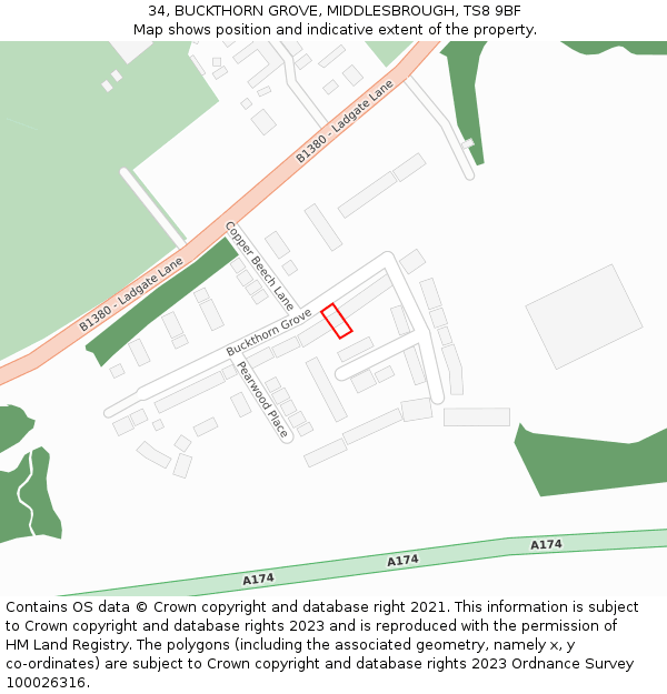 34, BUCKTHORN GROVE, MIDDLESBROUGH, TS8 9BF: Location map and indicative extent of plot