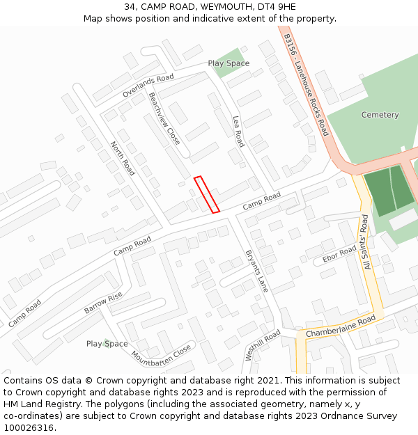 34, CAMP ROAD, WEYMOUTH, DT4 9HE: Location map and indicative extent of plot